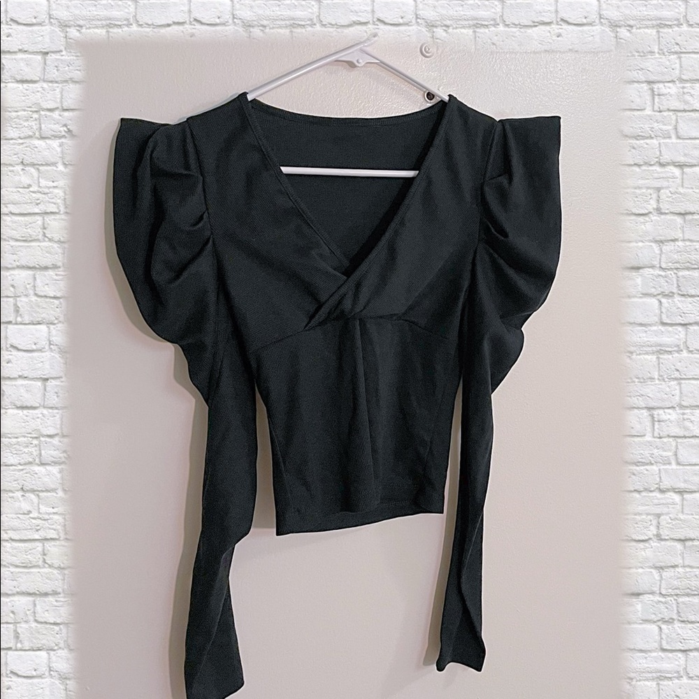 Floerns Women's Solid V Neck Puff Sleeve Casual T Shirt Top Blouse